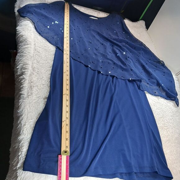 AA Studio Elegant Blue Midi with Sheer Sequin Overlay Size 16. Scoop Neckline... - Picture 8 of 8